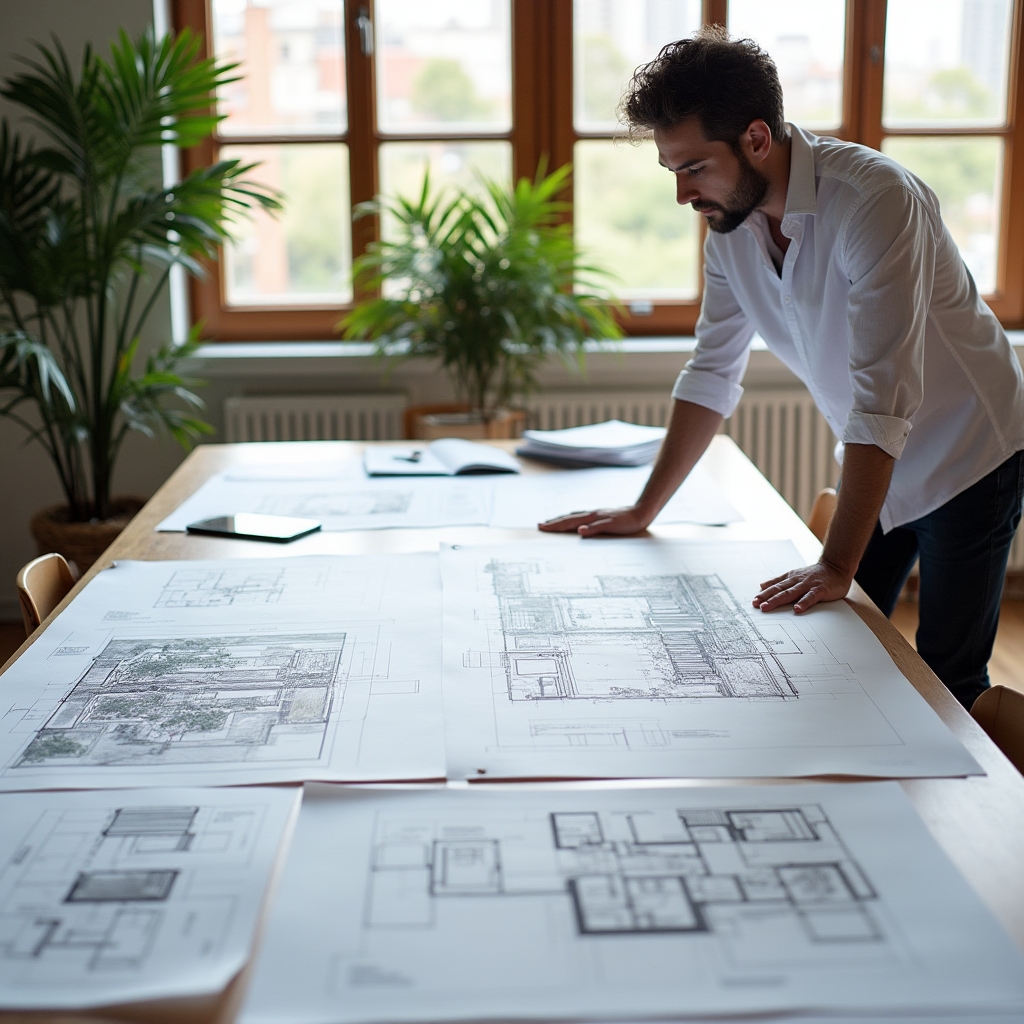 Architectural plans spread on a table in a project office