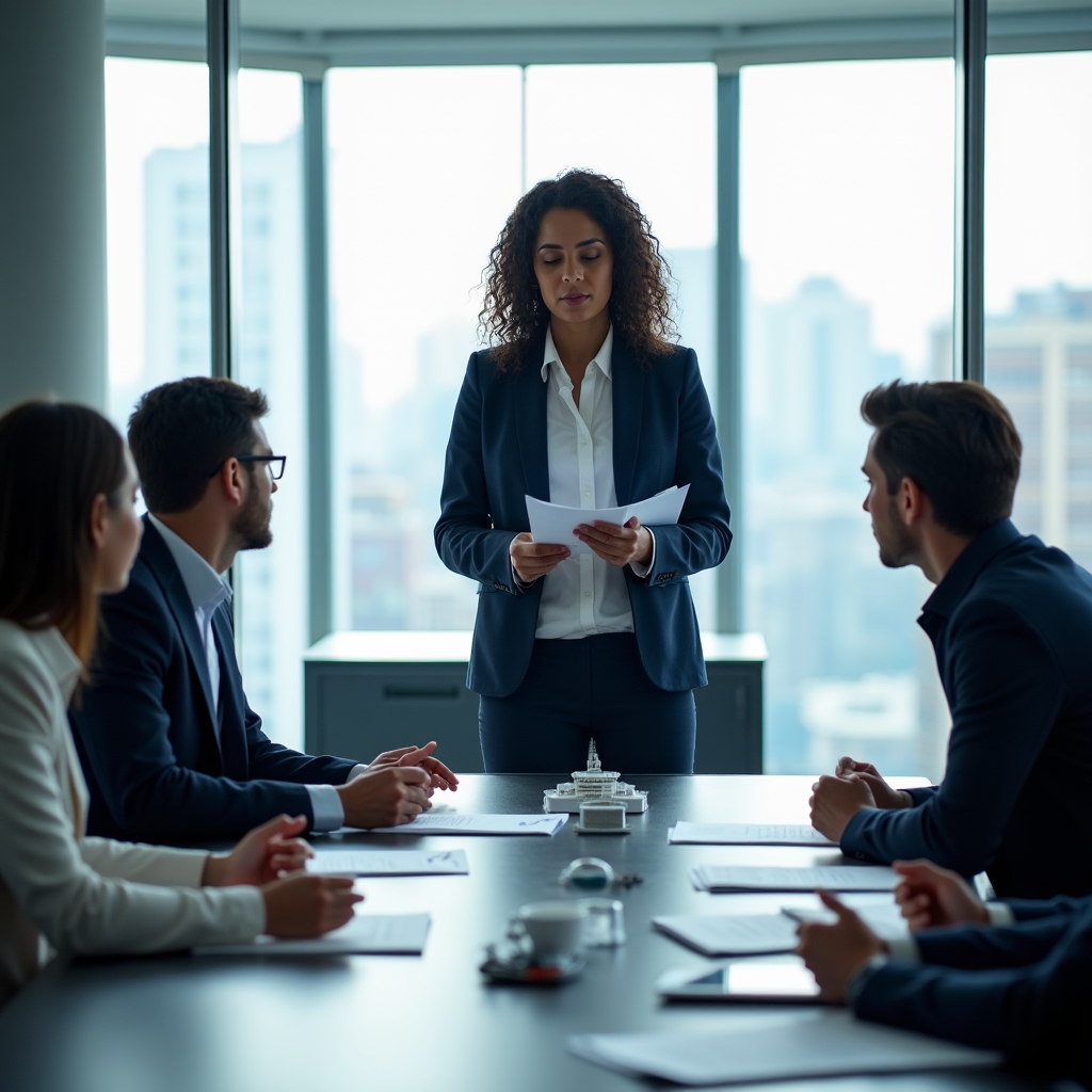 Real estate developer presenting project materials to investors at a meeting