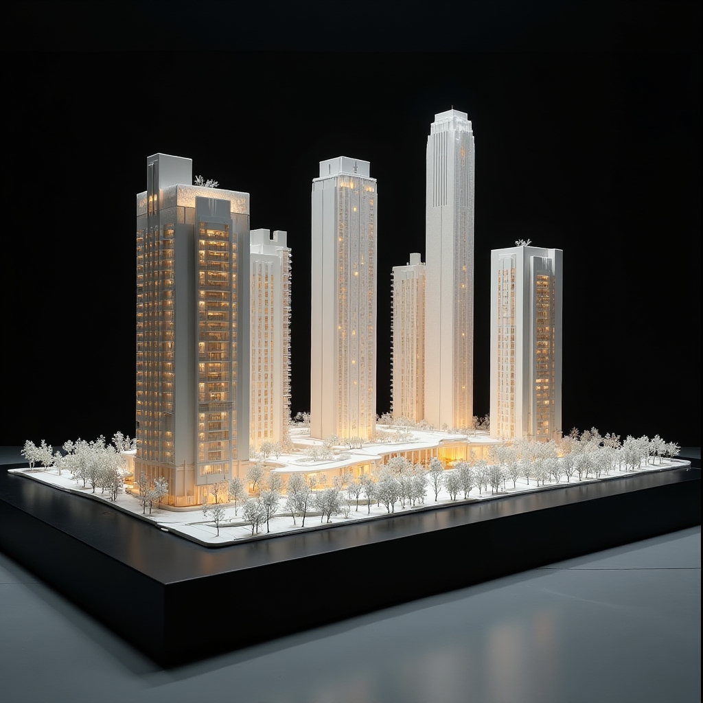 Detailed architectural scale model of a high-rise residential tower